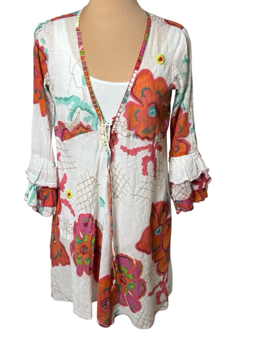Antica Sartoria Floral Boho Tunic Top Bell Sleeve Cotton White Small - Picture 6 of 12